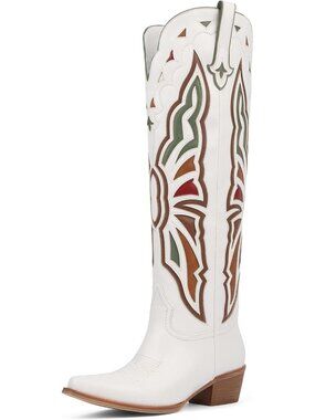Women's White Cowboy Knee High Chunky Heel Butterfly Cowgirl Boots Wide Calf